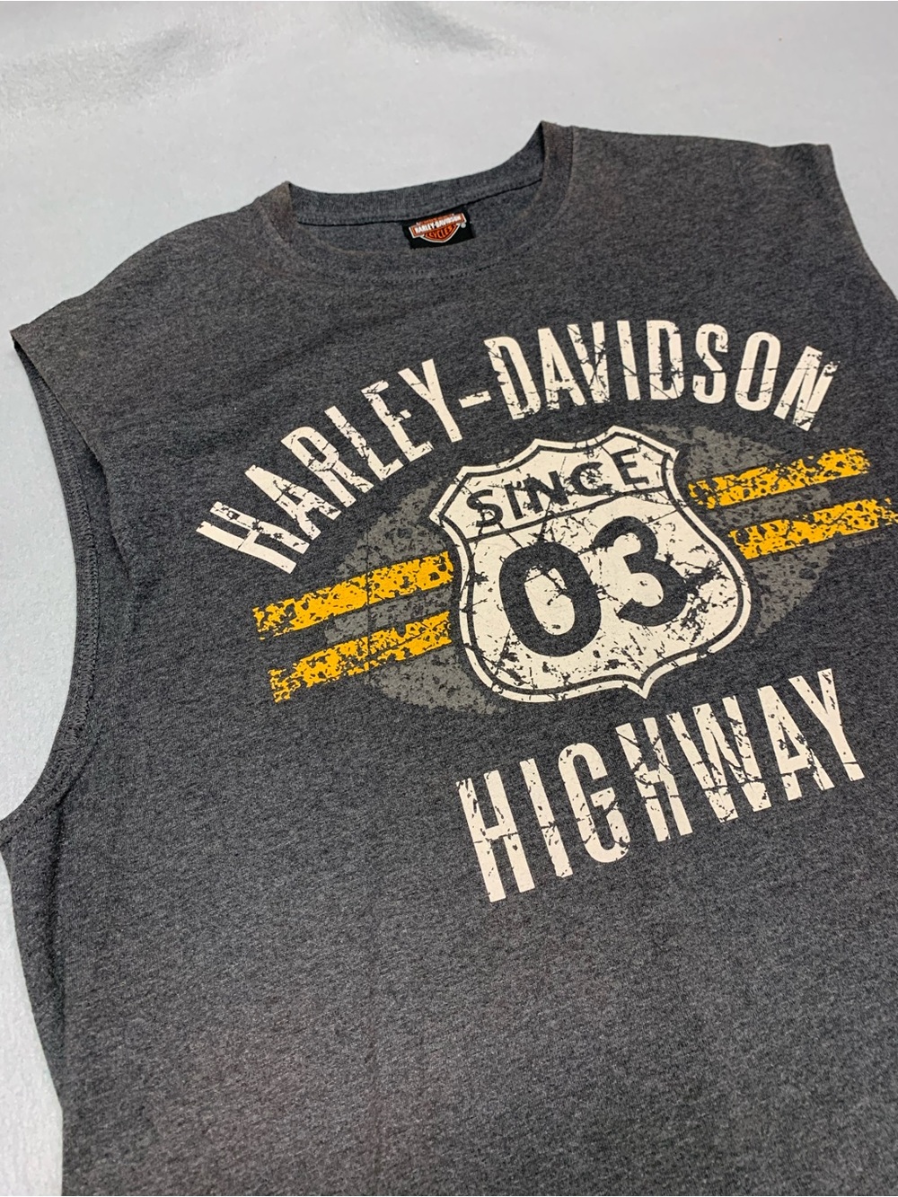 Harley-Davidson Dark Gray Tank with Yellow & Cream Highway Shield Graphic